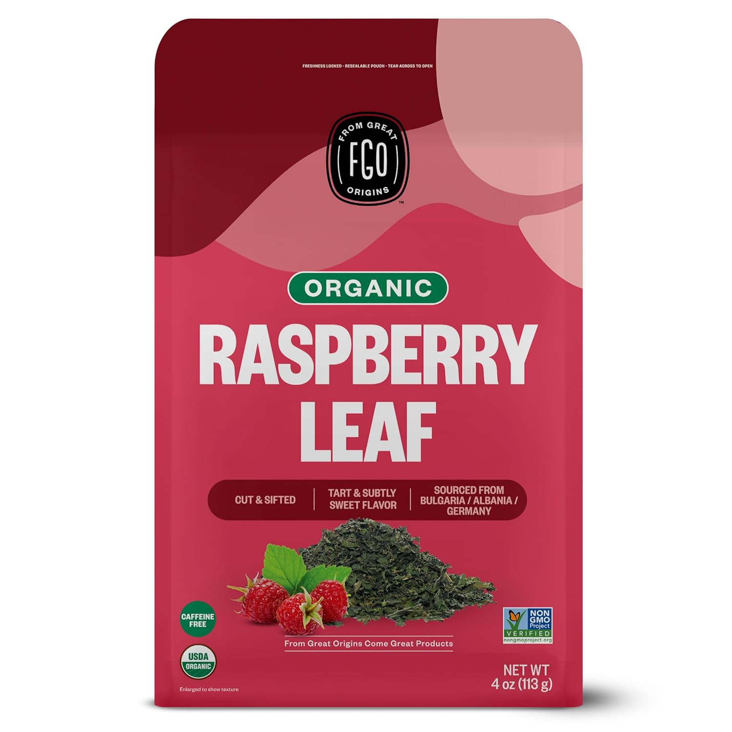 FGO Organic Red Raspberry Loose Leaf Herbal Tea, Cut and Sifted, Caffeine Free,