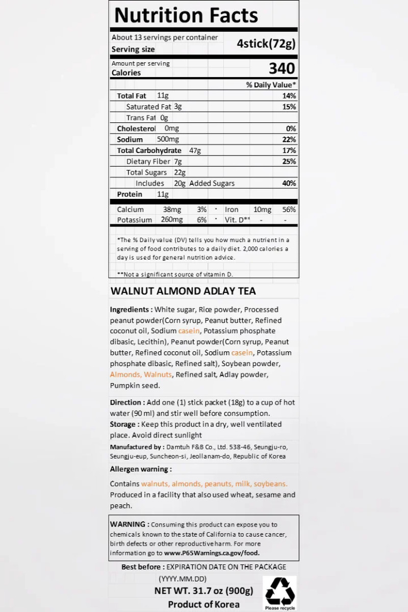 DAMTUH All Natural Walnut Almond Adlay Powder Tea – Grain Tea Drink Mix – 50 St