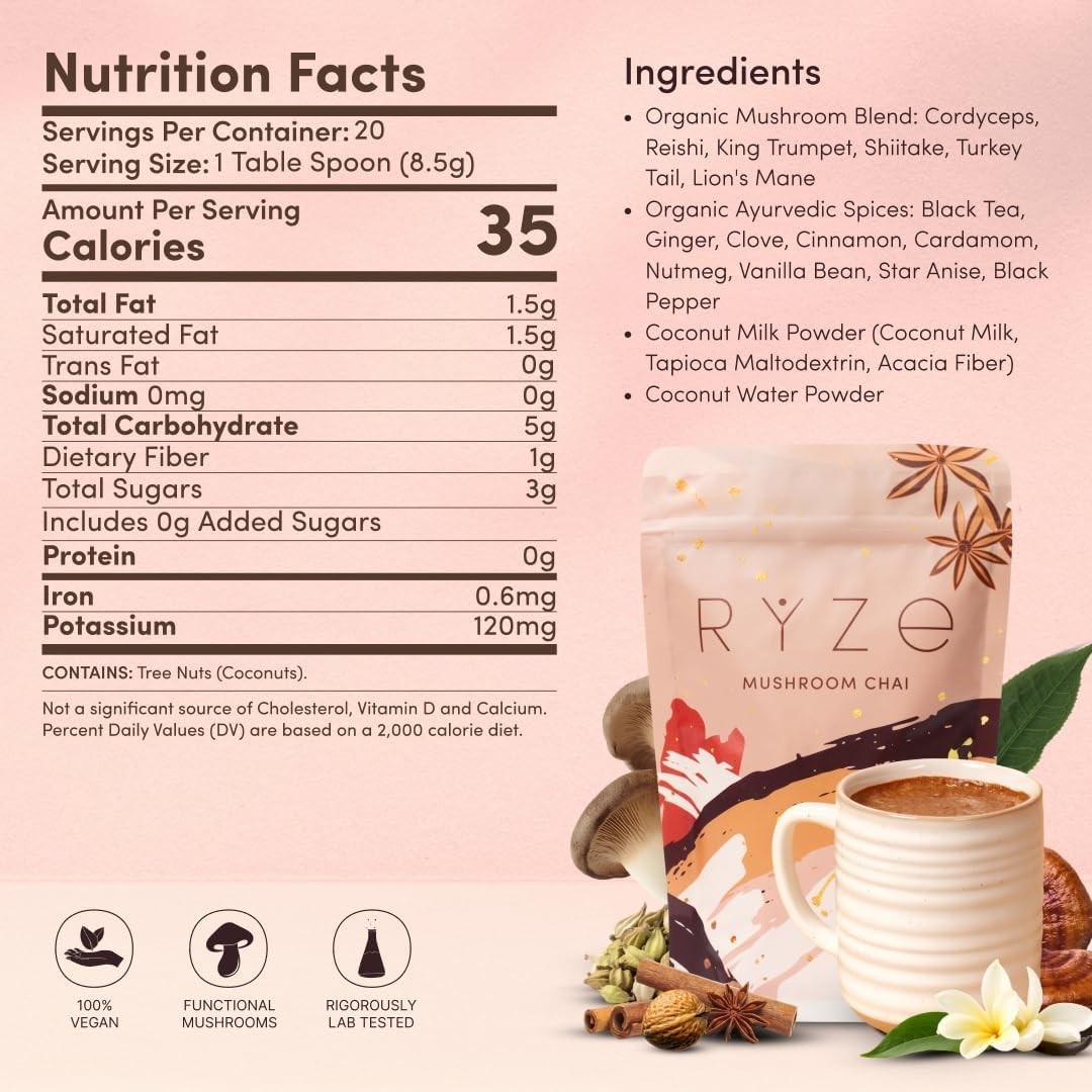 RYZE Organic Mushroom Chai Tea with 6 Adaptogenic Mushrooms, Lion’s Mane, Tur…