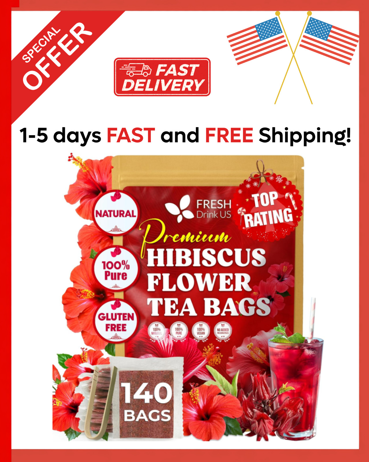 , Premium 140 Hibiscus Flowers Tea Bags, 100% Natural, Handmade & Pure from Hibi