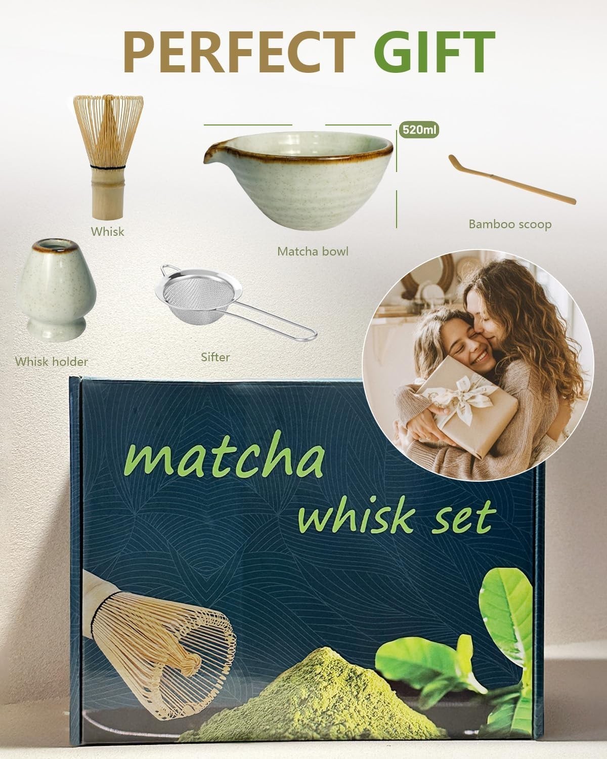Matcha Whisk Set with Bowl, Bamboo Whisk, Scoop, Sifter, Matcha Whisk Holder
