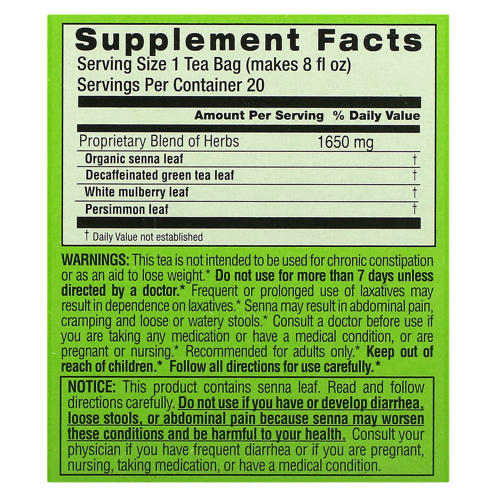 Diet Green Herbal Tea, Decaffeinated, 20 Tea Bags, 1.16 oz (33 g)