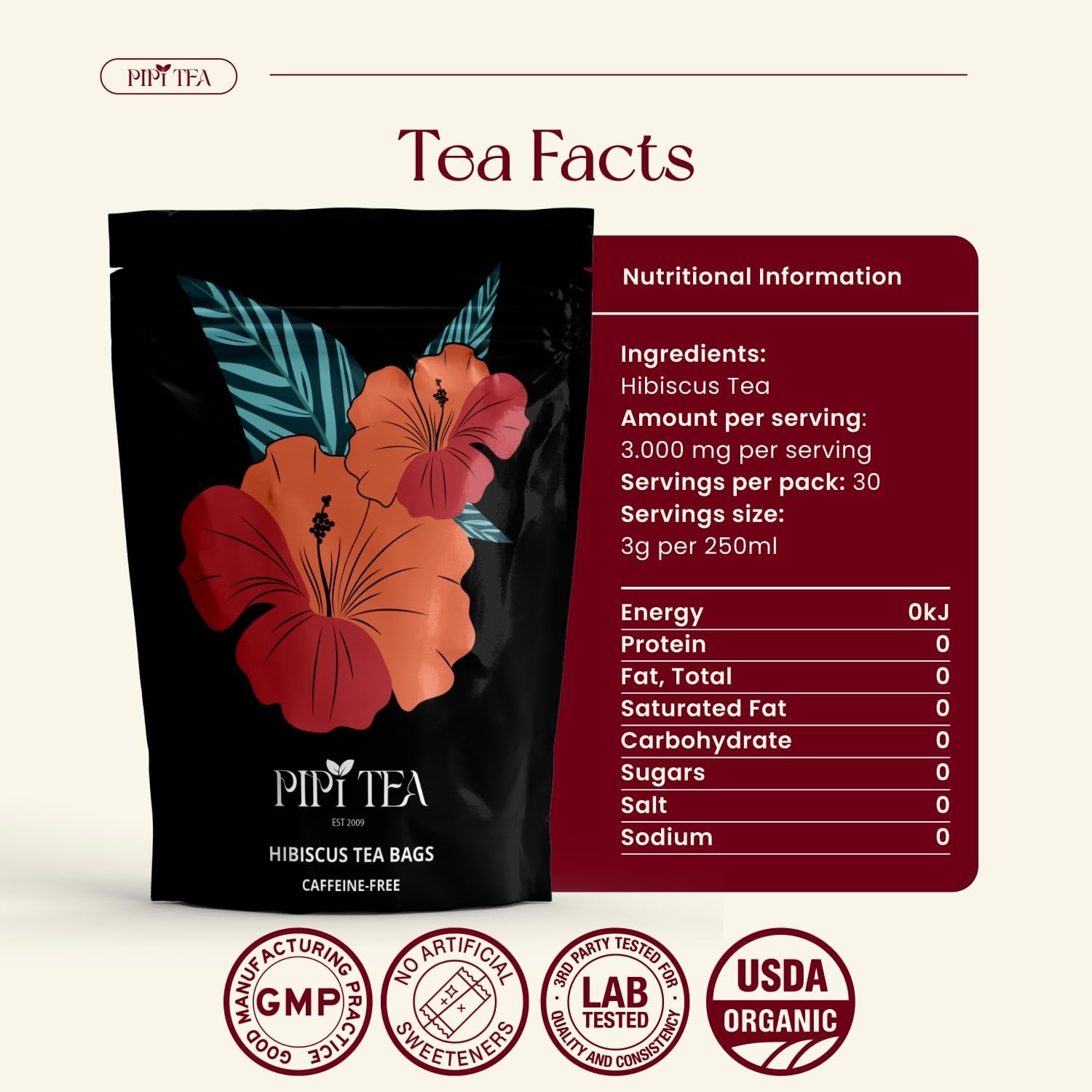 PiPi Tea Organic Hibiscus Tea Bags – Caffeine Free Herbal Tea Rich in Antioxi…