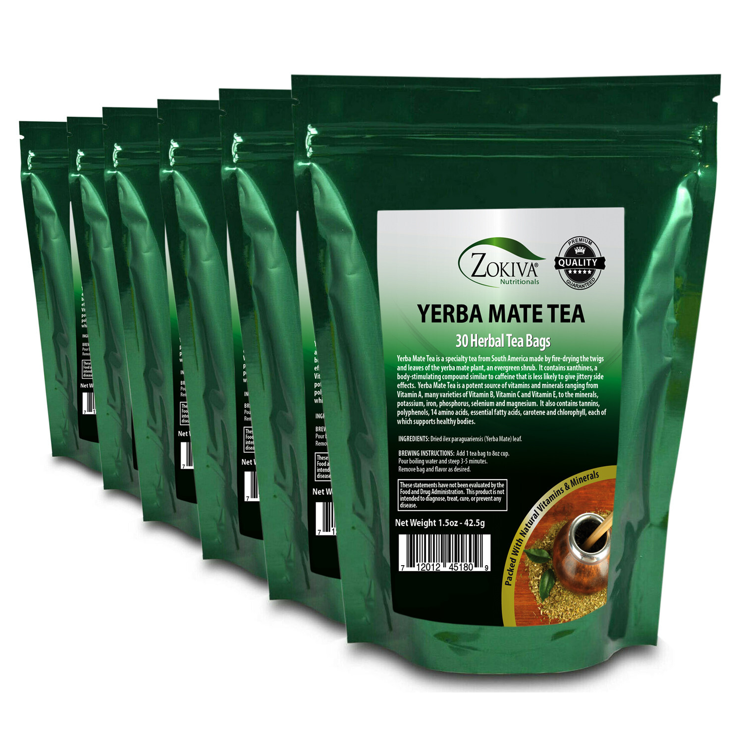 Yerba Mate Tea Bags 6-Pack (180) 100% Pure – All-Natural Premium Herbal Tea