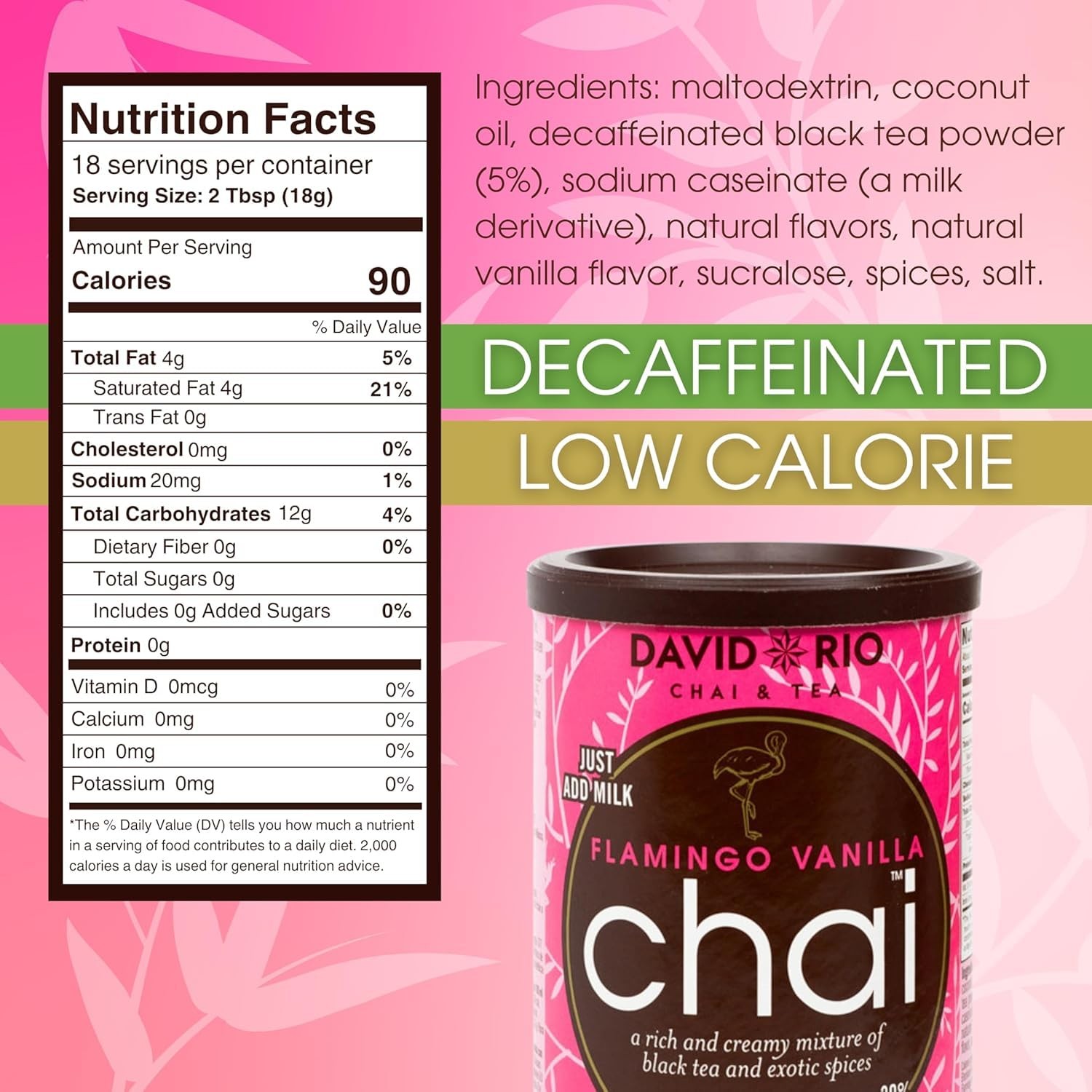 Flamingo Vanilla Decaffeinated Reduced Calorie Chai 11.9 Ounce (Pack of 1)