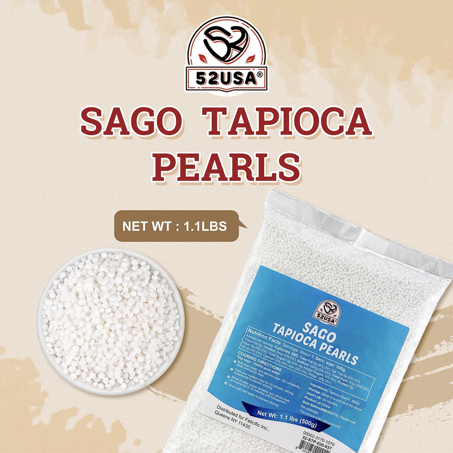 52USA Sago Pearls, Small Tapioca Pearls 1.1 lbs 500g, White Sago for Desserts…