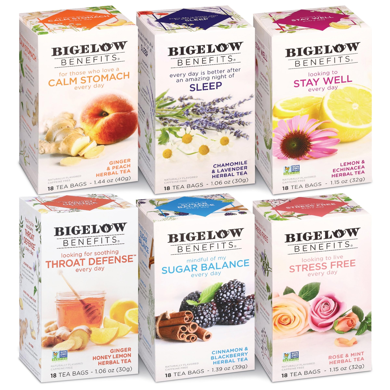 Bigelow Wellness Tea Mix 18 Count Herbal Caffeine Free Variety Box 108 Bags