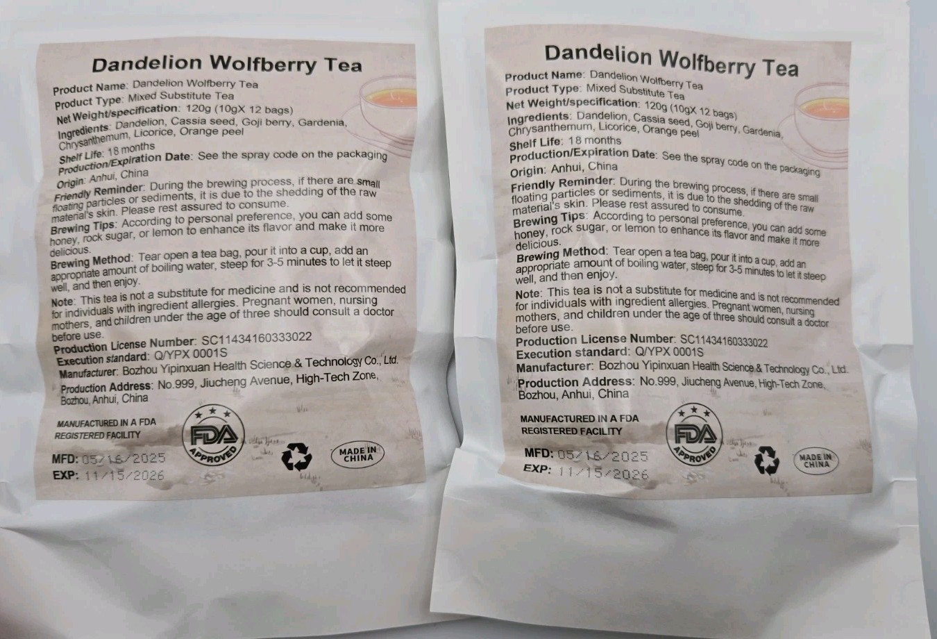Dandelion Wolfberry Herbal Tea 2-Pack 240g 24 Bags Goji Berry FDA NEW