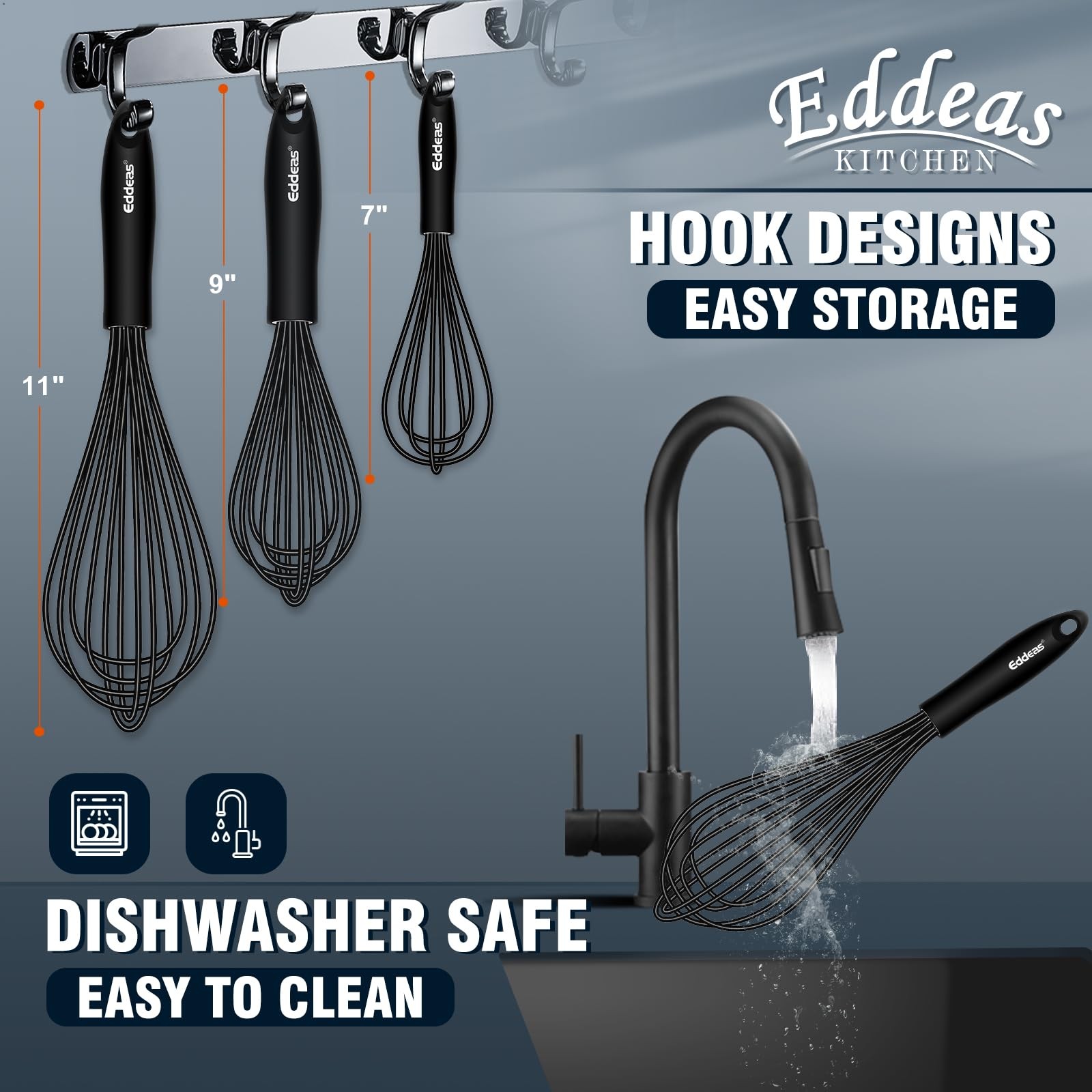 Whisks For Cooking – 500 °F Heat Resistant Silicone 7+9+11 inch, Black 3Pcs