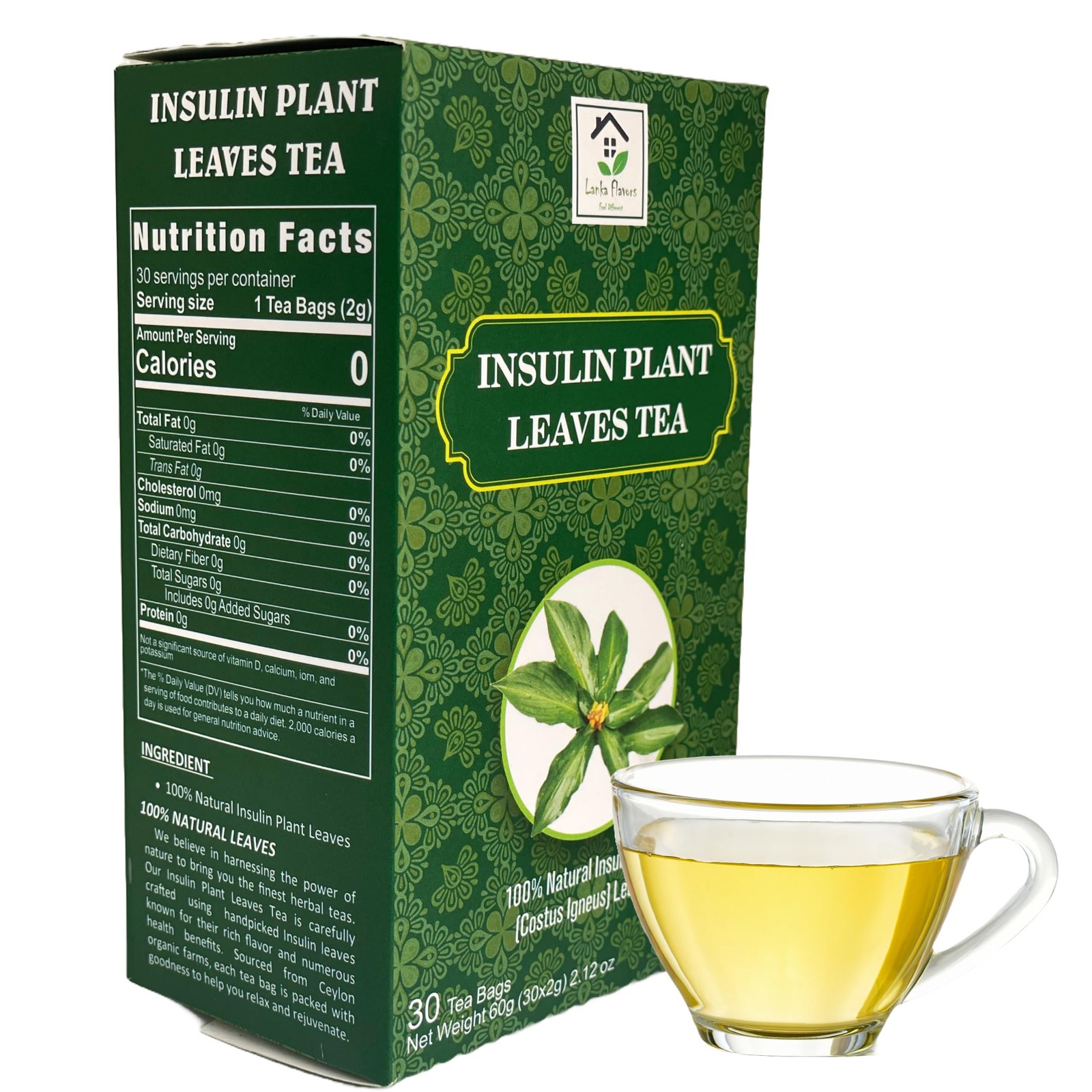 Dried Insulin Plant Leaves Tea 30 X 2G Tea Bags Natural Costus Igneus New