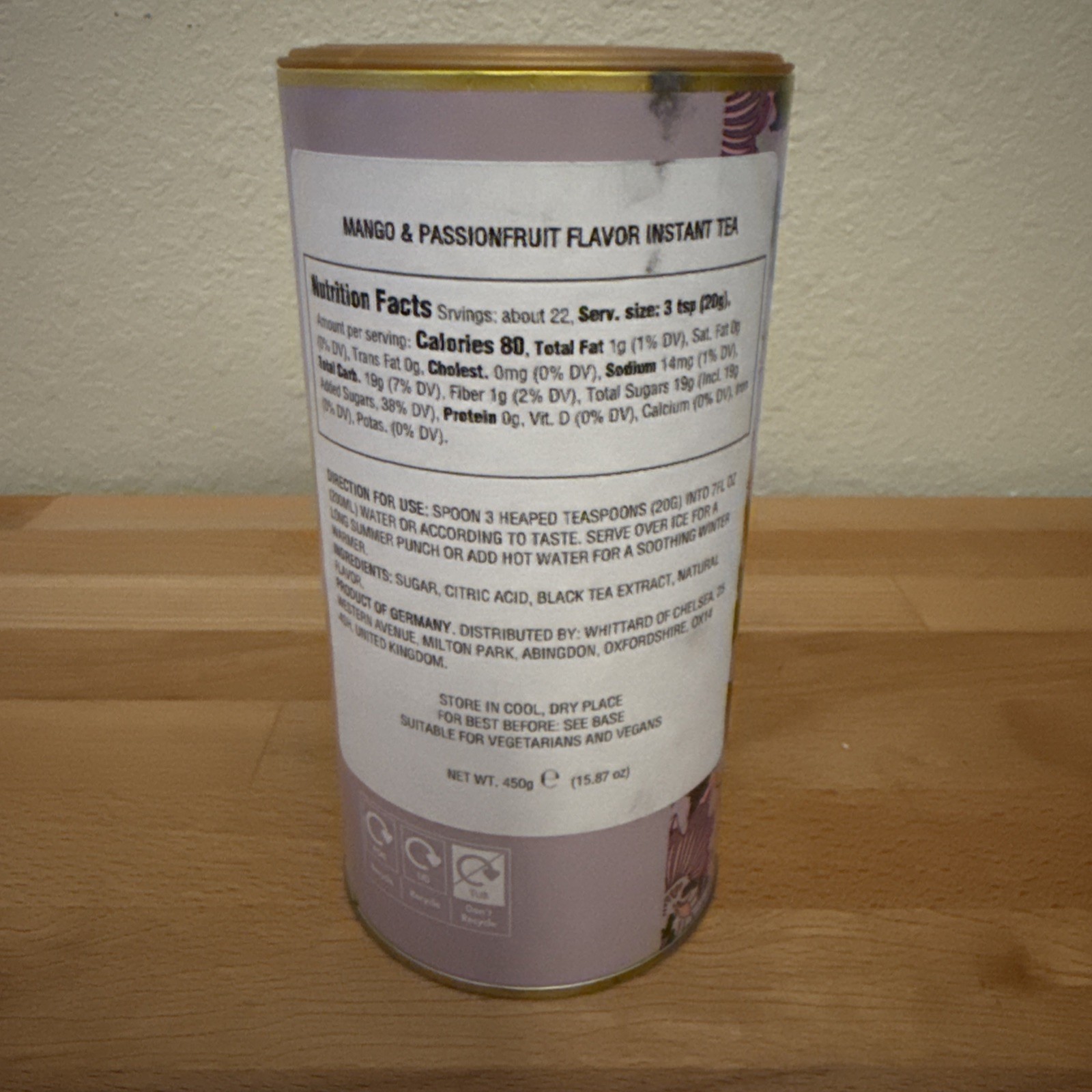 Whittard Mango & Passionfruit Flavour Instant Tea, 450g-15.87oz BB 4/2026