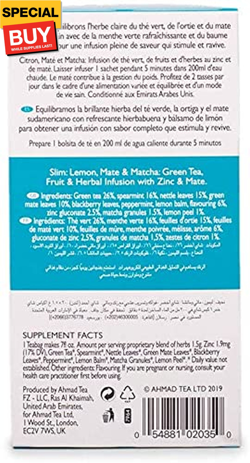 Green Tea, Lemon, Mate, & Matcha ‘Slim’ Natural Benefits Teabags, 20 ct (Pack of
