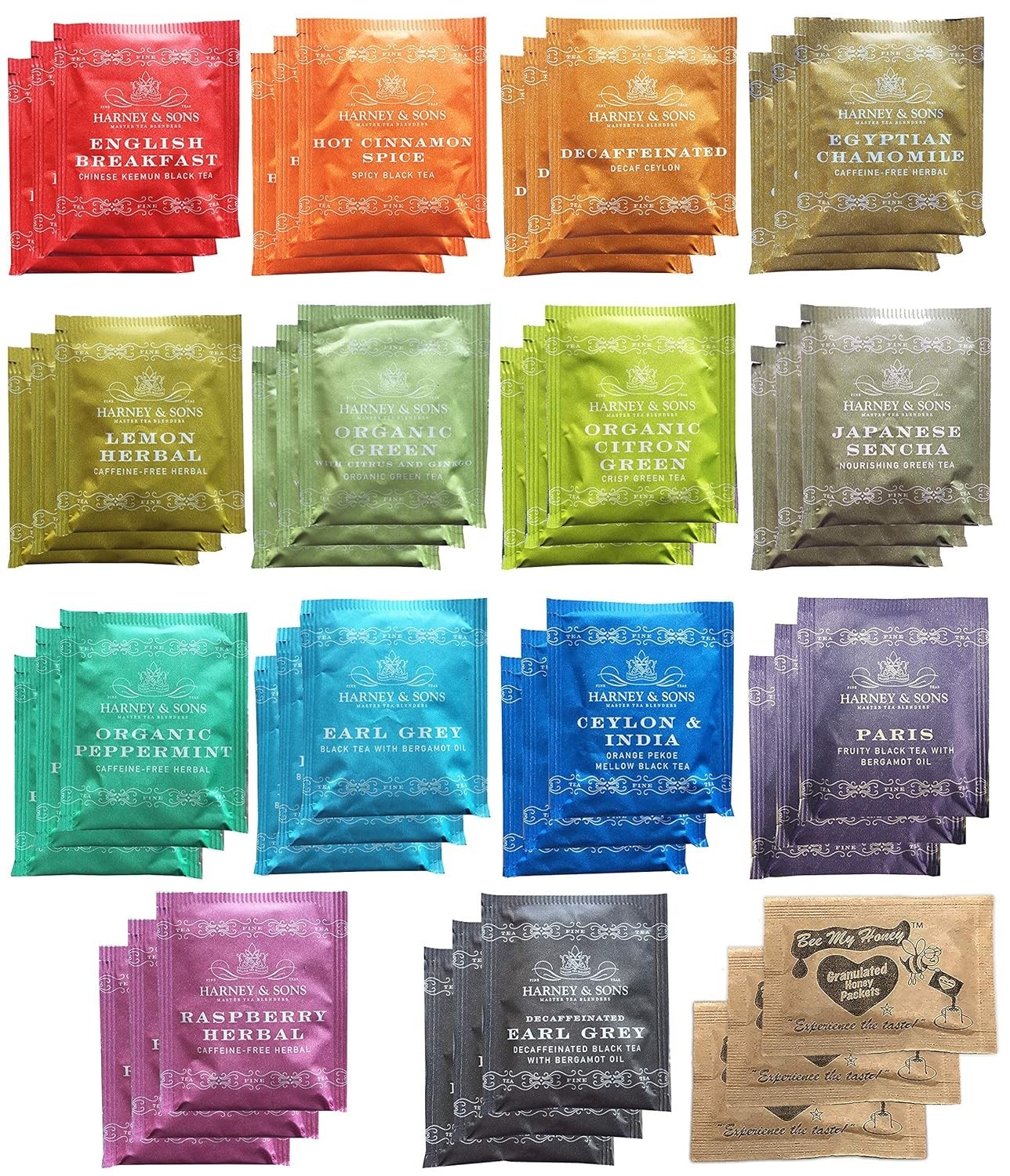 Harney & Sons Assorted Tea Bag Sampler Bundle & Count With Honey Crystal Packs