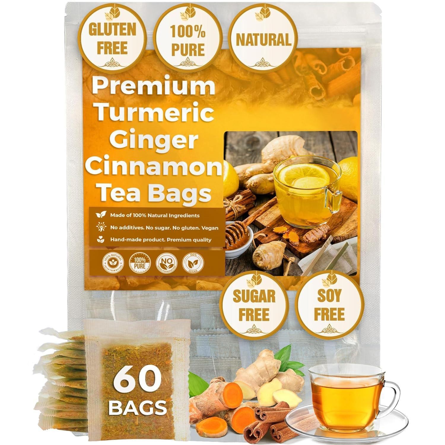 Turmeric Ginger Cinnamon Tea 120 Bags Vegan No Sugar Caffeine Gluten Free