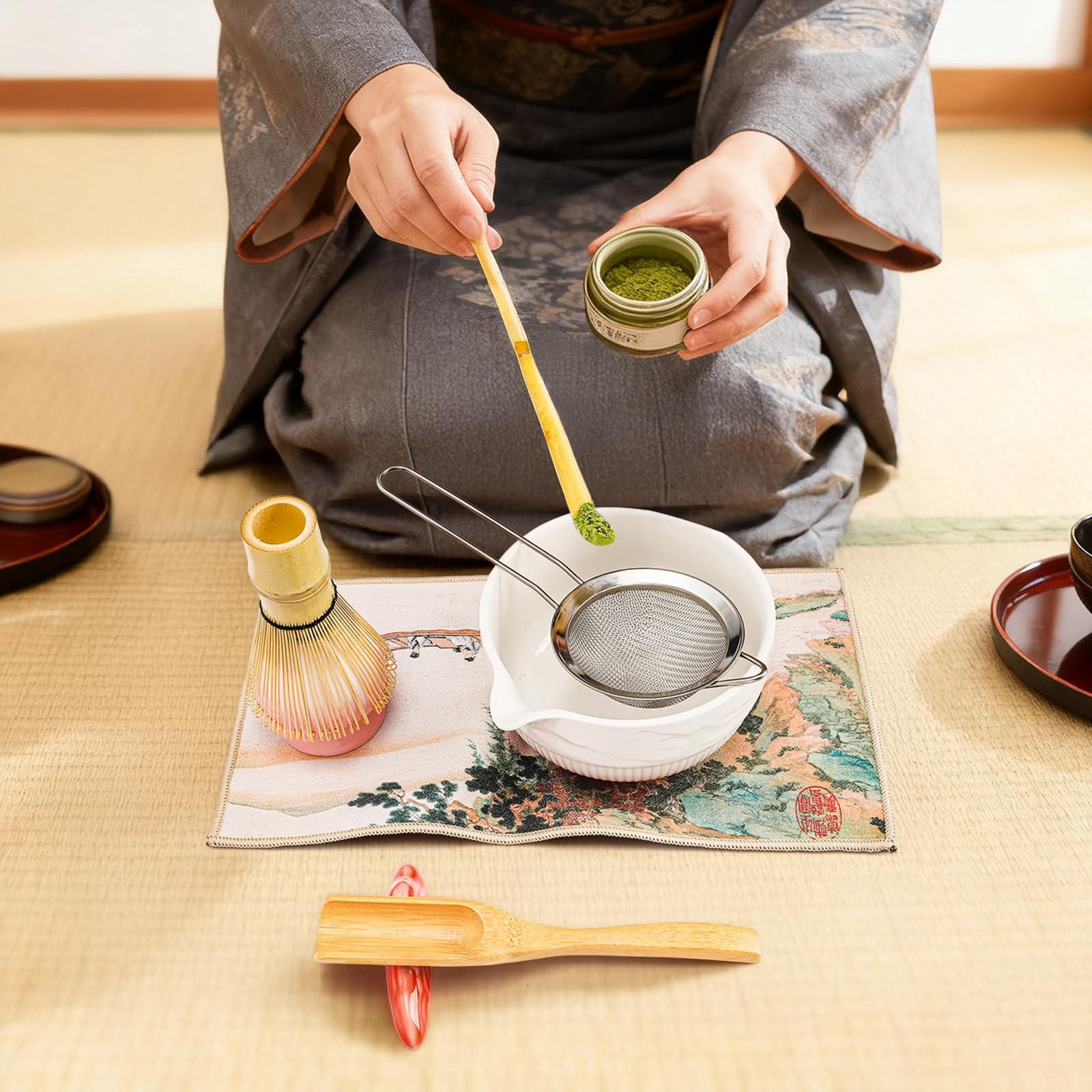 8 Pack Matcha Whisk Set, Japanese Matcha Tea Set, Ceramic Mixing Bowl with Sp…