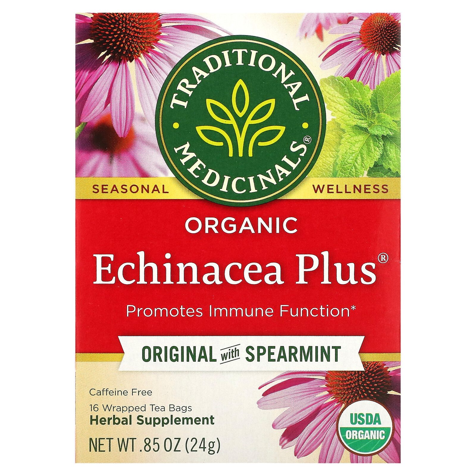 Organic Echinacea Plus, Original with Spearmint, Caffeine Free, 16 Wrapped Tea