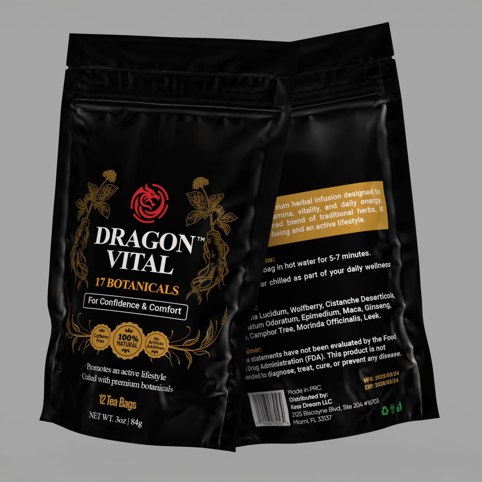 Dragon Vital Herbal Tea with Ginseng & Maca – Natural Energy Support | Caffei…