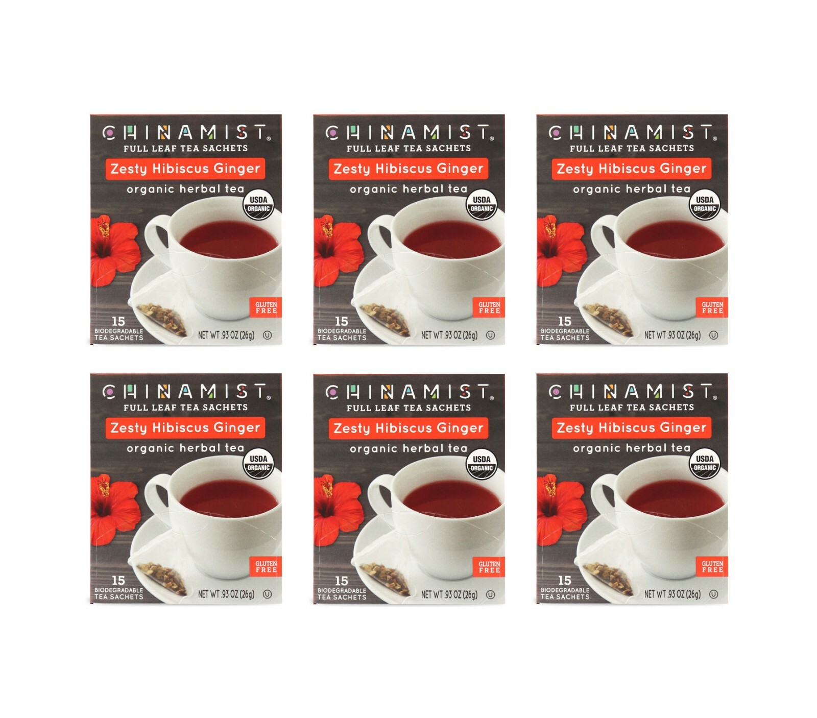 China Mist Zesty Hibiscus Ginger Organic Herbal Tea, 6/15 count boxes