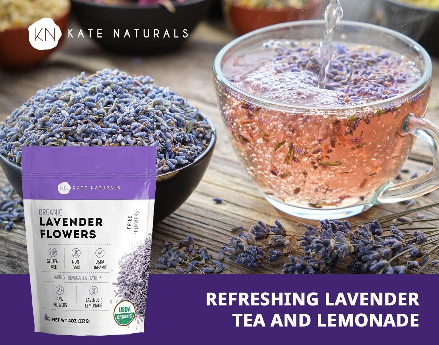 Kate Naturals Dried Lavender Flowers for Tea, 4 Ounce (Pack of 1), Purple