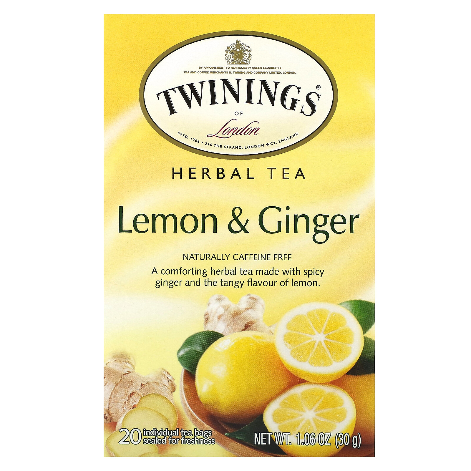 Herbal Tea, Lemon & Ginger, Caffeine Free, 20 Tea Bags, 1.06 oz (30 g)