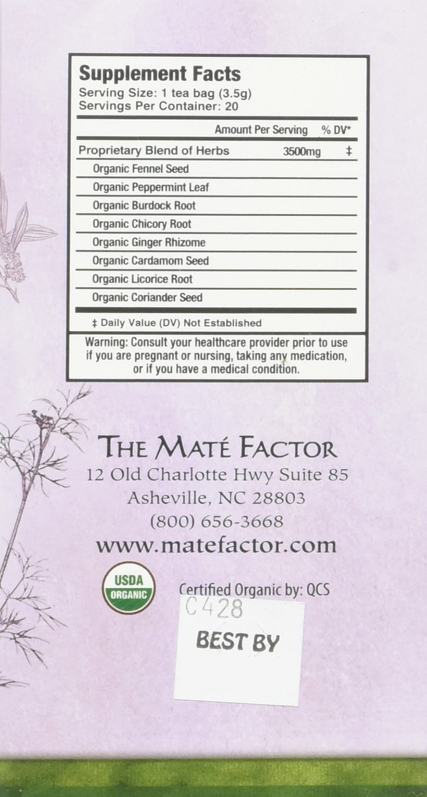 Mate Factor Digestive Tea with Prebiotics Organic Caffeine Free 20 Bags