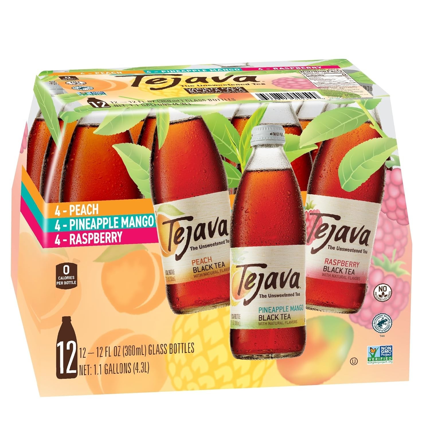 Black Tea Sampler 12 Ounce Bottles Unsweetened Peach Raspberry Pineapple Mango