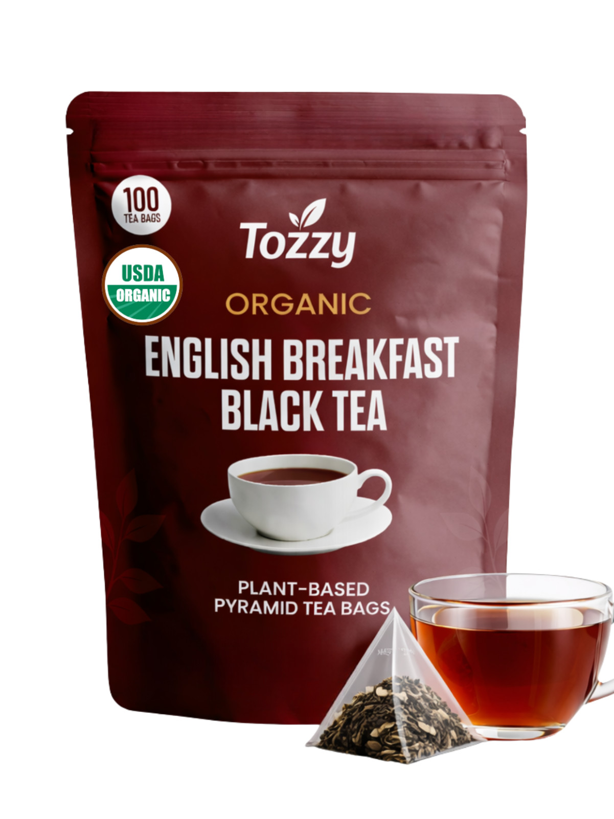 Organic English Breakfast Tea Bags – 100 Count (Plant-Based Pyramid Tea Bags)