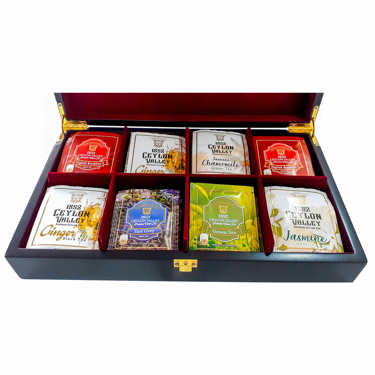 Ceylon Variety Gift Pack 8 Tea Flavors. 64 Enveloped Tea Bags in Wooden Gift Box