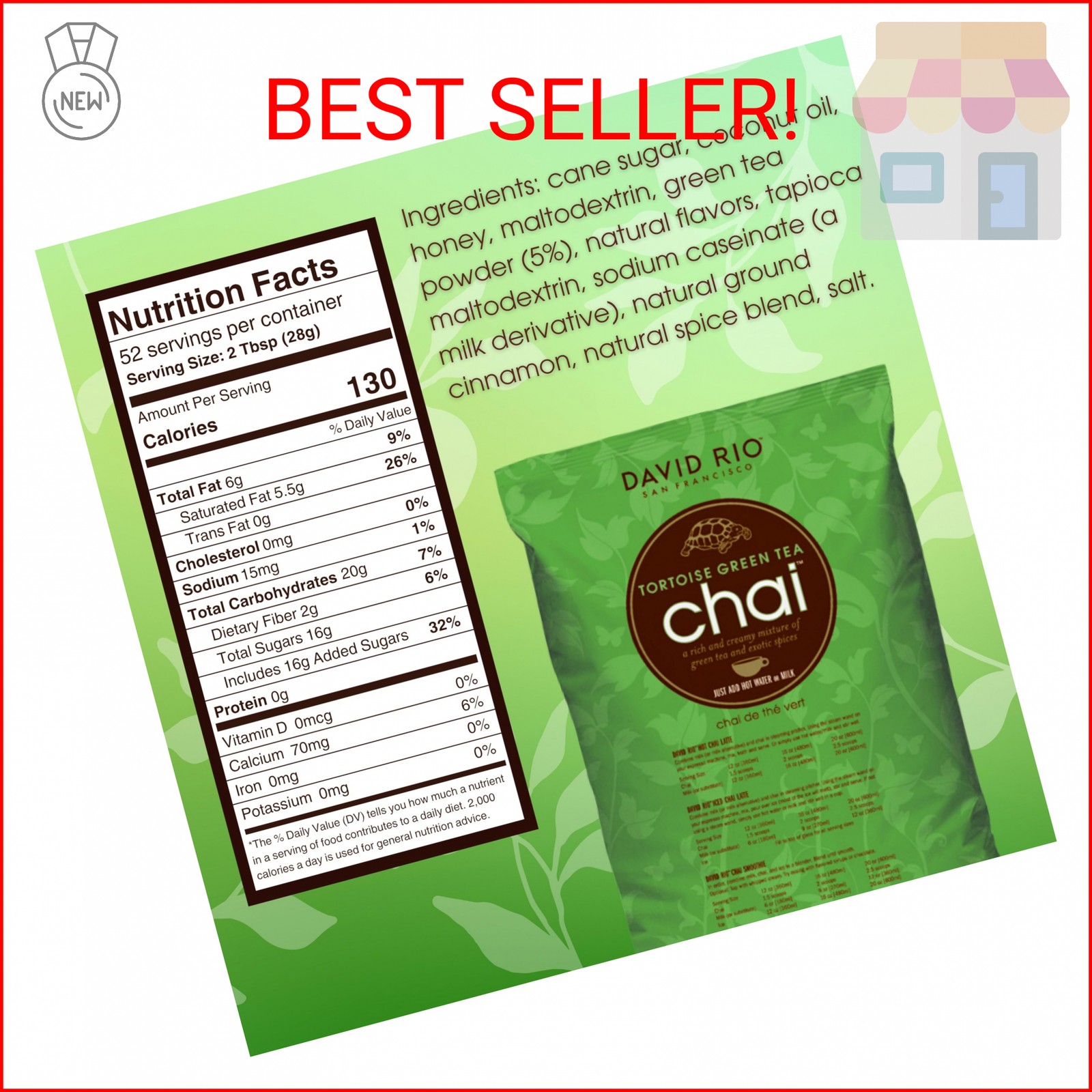 David Rio Tortoise Green Tea Chai Tea Latte Mix, 64 Oz, Green Tea, Organic Spice