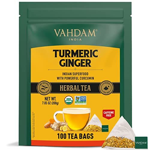 Vahdam Turmeric Ginger Herbal Tea 100 Count Caffeine Free Biodegradable Bags