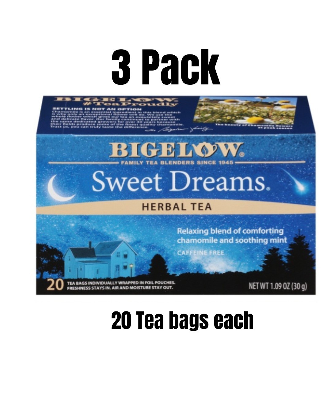 Bigelow Caffeine Free Sweet Dreams Herbal Tea 3 Packs 20 Tea Bags Each