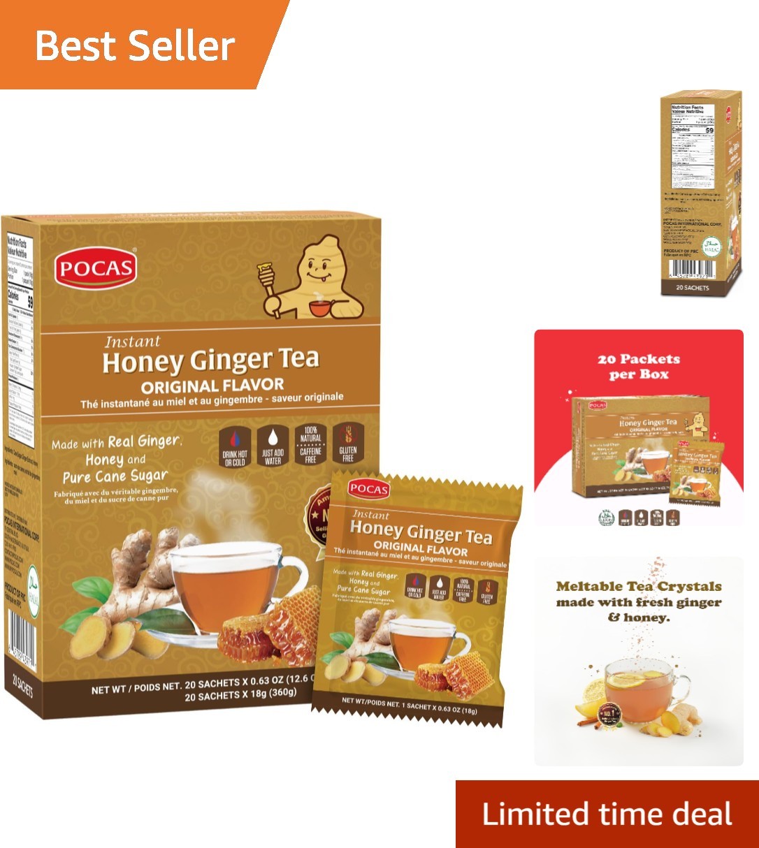 Comforting 20-Pack Honey Ginger Instant Tea Powder – Caffeine Free & Gluten Free