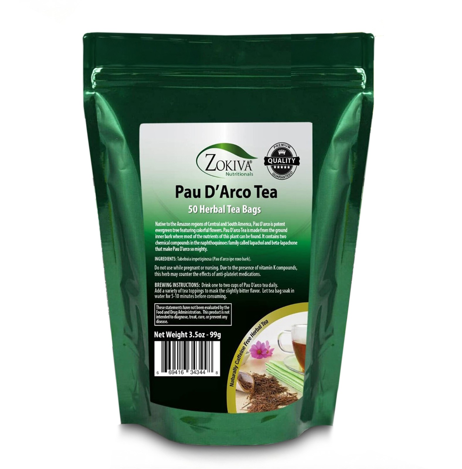 Pau D’Arco Tea 50 Bags – Bulk Herbal Tea – Caffeine Free – All Natural – Zokiva