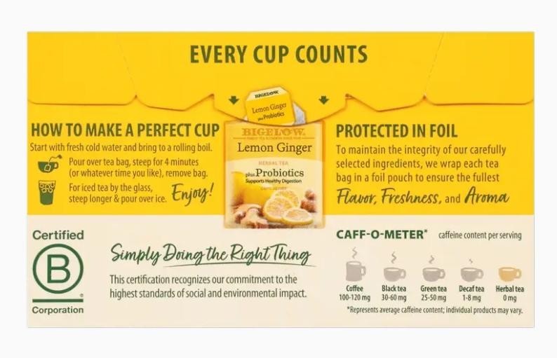Bigelow Tea Herbal Plus Probiotics Lemon Ginger 18 Bag( 2packs)