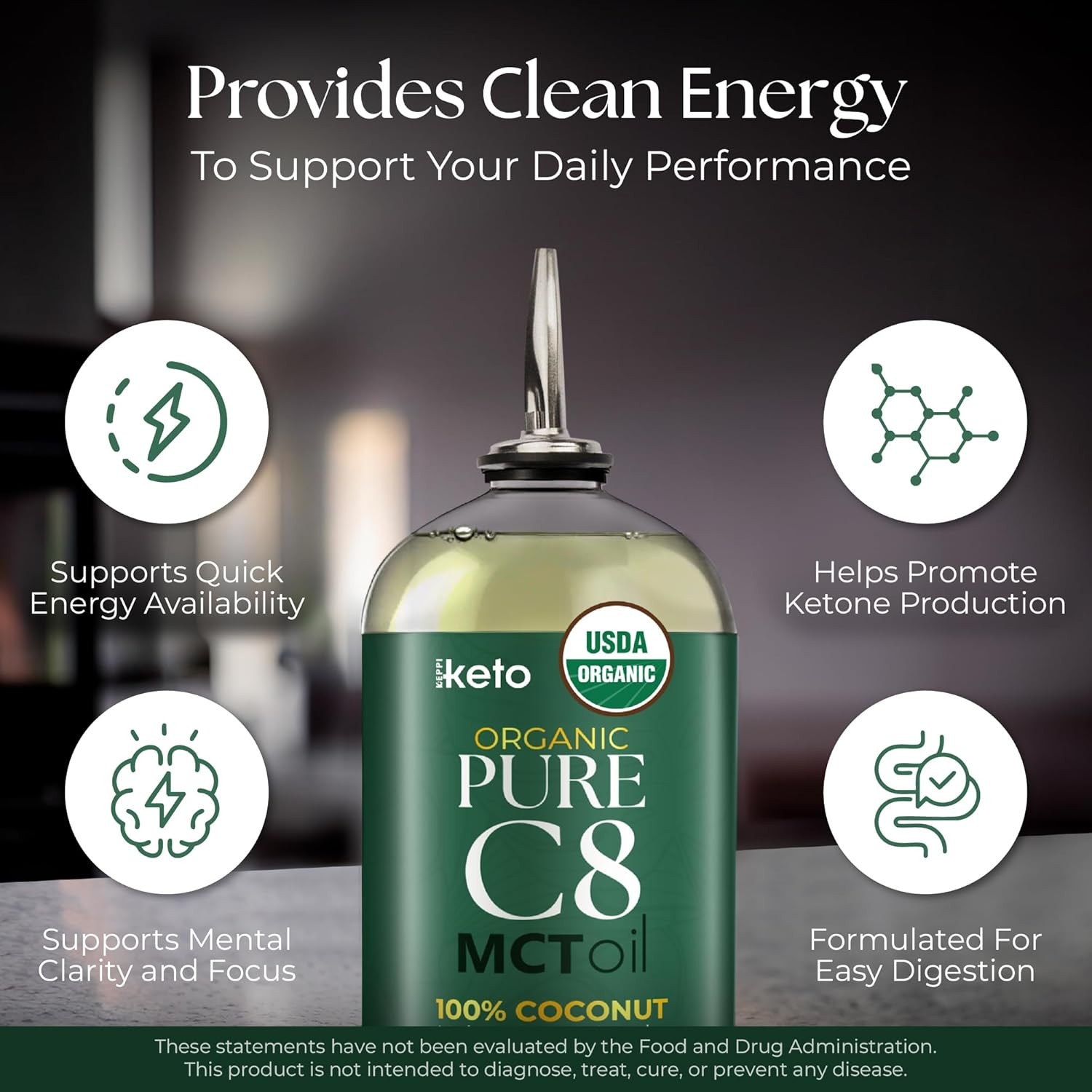 Keppi Keto Organic MCT Oil – Flavorless C8, Non-GMO, 16 Fl Oz (Pack of 1), C8