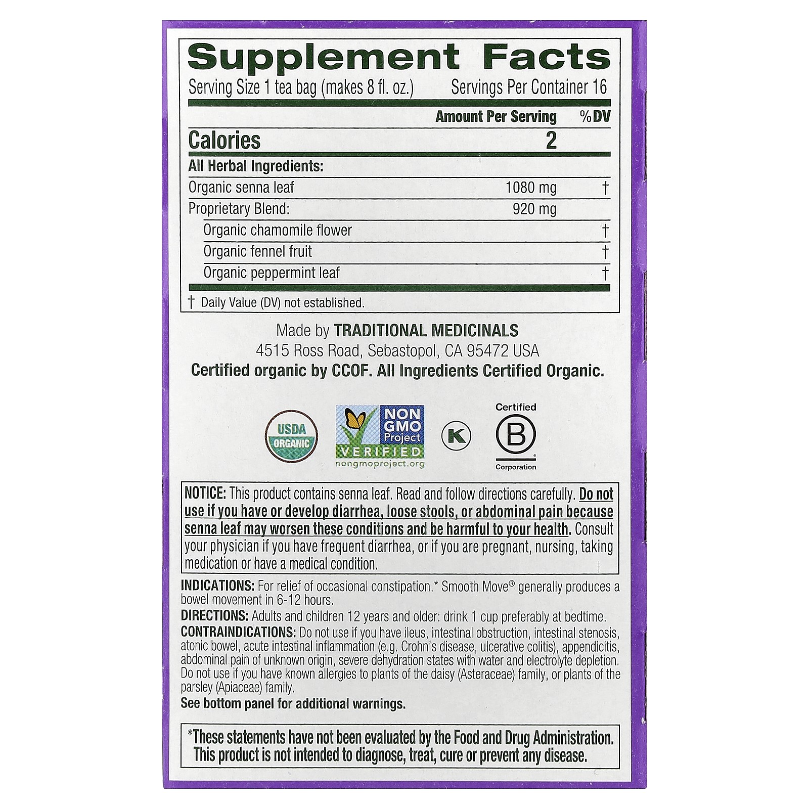 Organic Smooth Move, Senna Chamomile, Caffeine Free, 16 Wrapped Tea Bags, 1.13