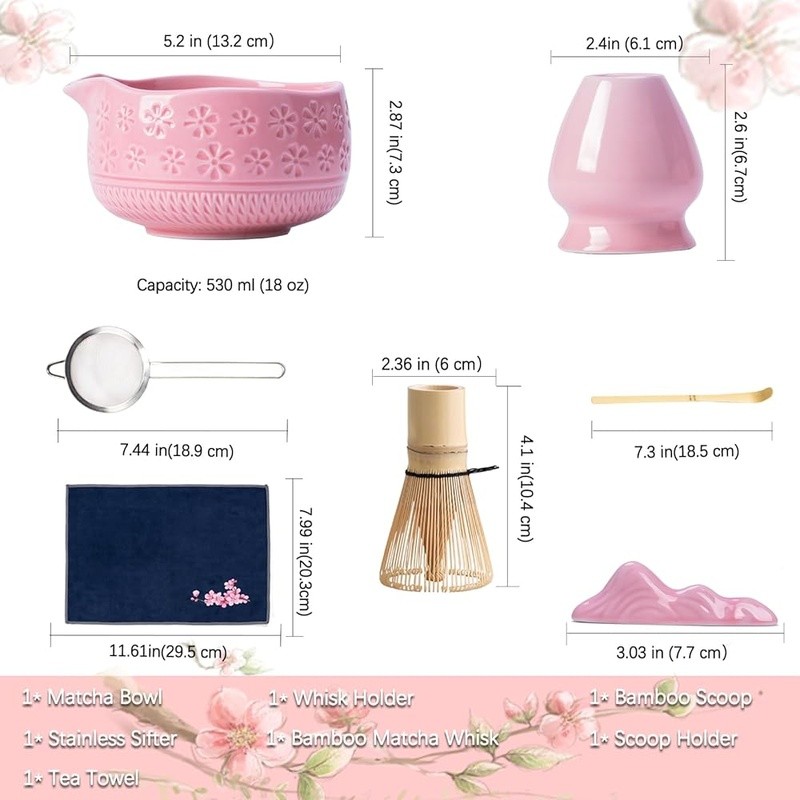 Matcha Kit W/ Whisk Scoop Bowl Sifter Bamboo Tea Set Cherry Blossom Design New