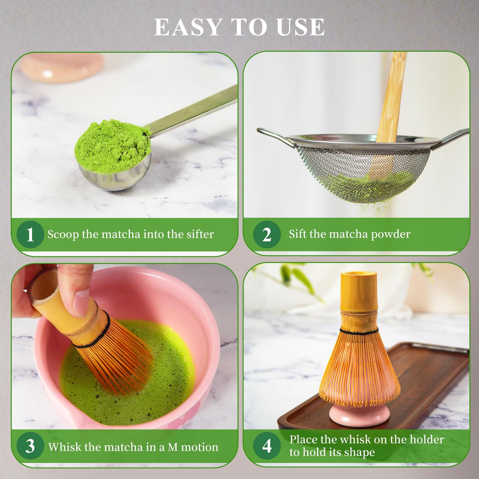 Matcha Whisk Set Bamboo Chasen Ceramic Holder – Fine Mesh Sifter Scoop Kit