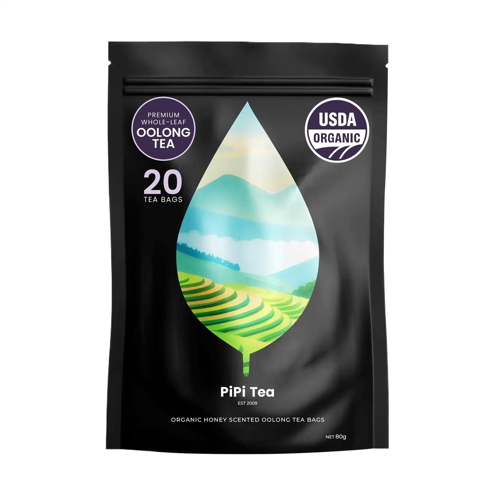 PiPi Tea Organic Oolong Tea Bags – Whole Leaf, 20 Bags (4g Each) – Cortisol & Ca