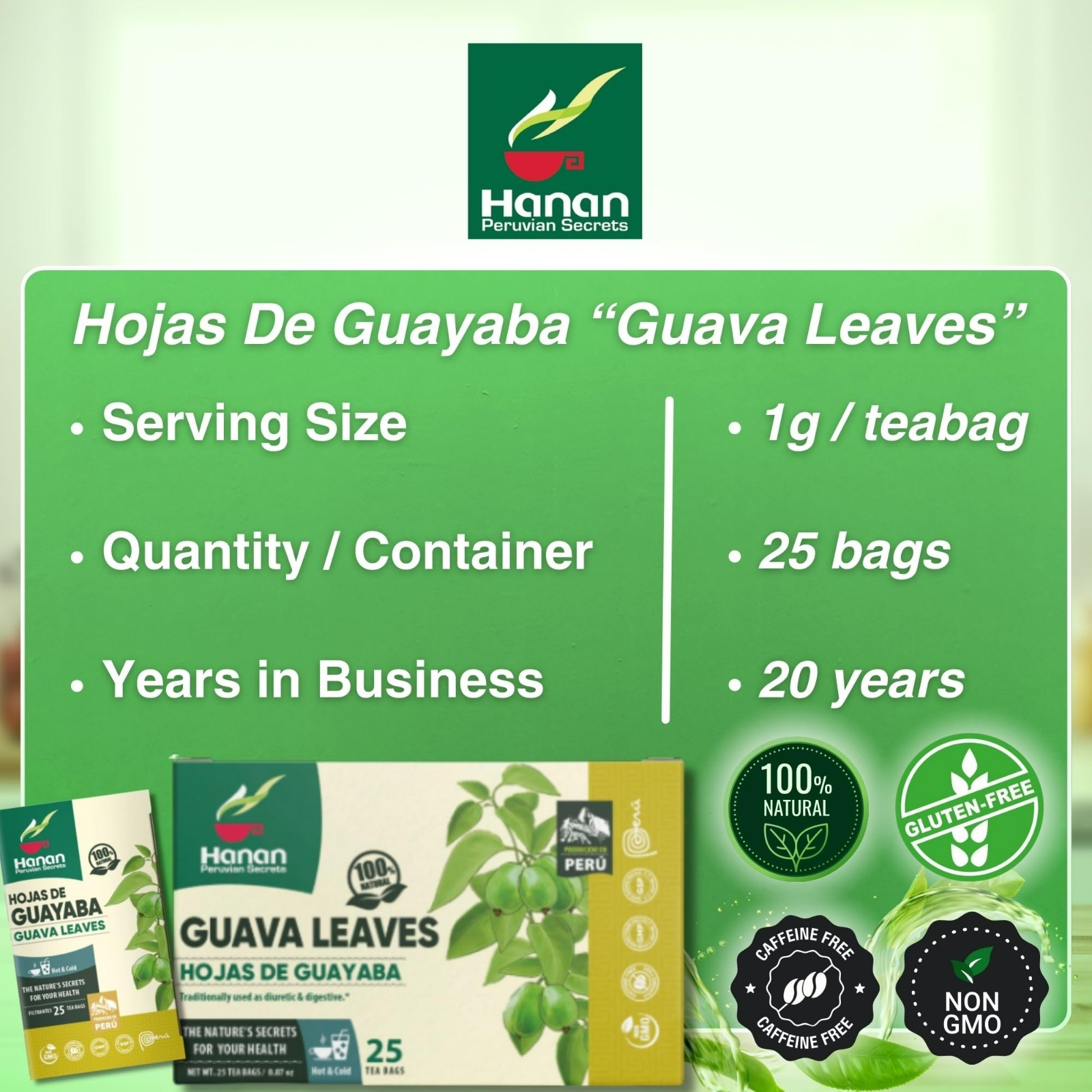 Hanan Peruvian Secrets Hojas De Guayaba Herbal Tea | 100% Natural Guava Leaves