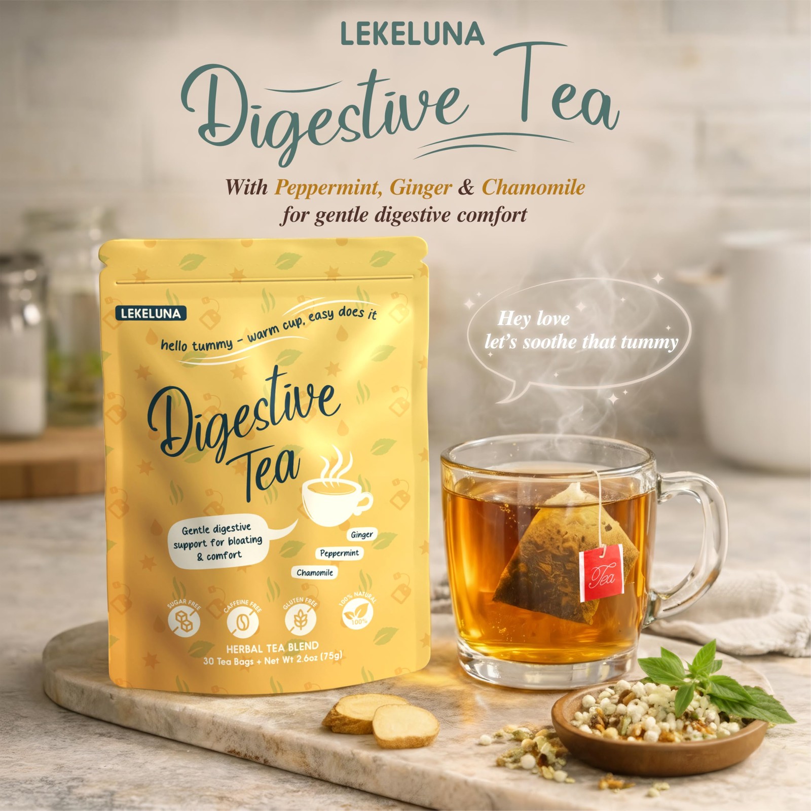 Lekeluna Digestive Tea – Ginger Peppermint Herbal Tea, Caffeine-Free Peppermi…