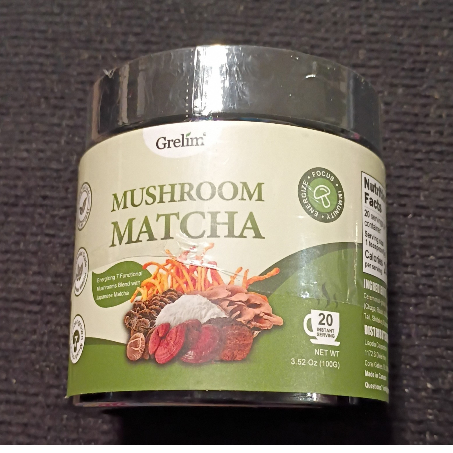 Grelim Mushroom Matcha Japanese Matcha + 7 Mushroom Blend Powder 100g 20 Serv