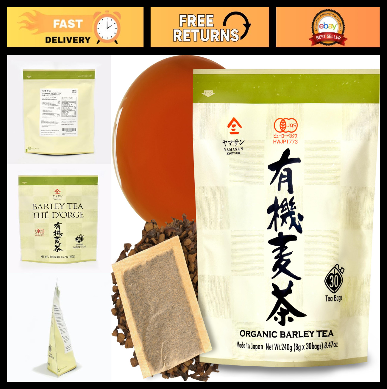 Caffeine-Free Organic Barley Tea Bags – 30 Large Vegan Mugicha, 100% Natural