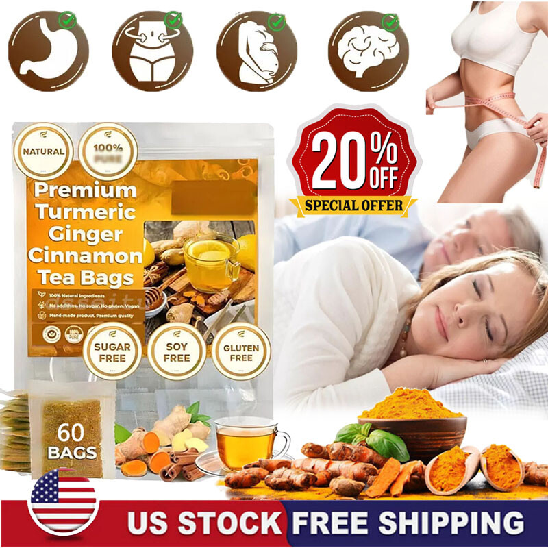 60Bags Turmeric Ginger Cinnamon Tea No Additive Support Brain Weight Sleep-Skin