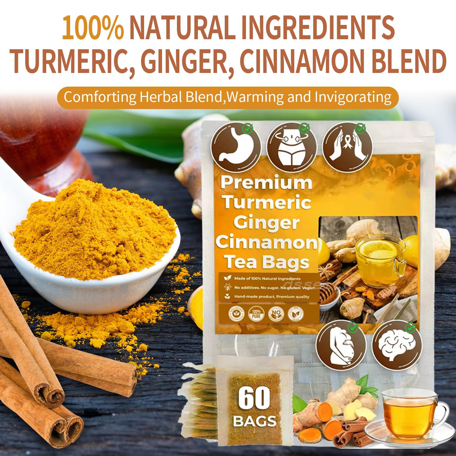 60Bags Turmeric Ginger Cinnamon Tea No Additive Support Brain Weight Sleep-Skin