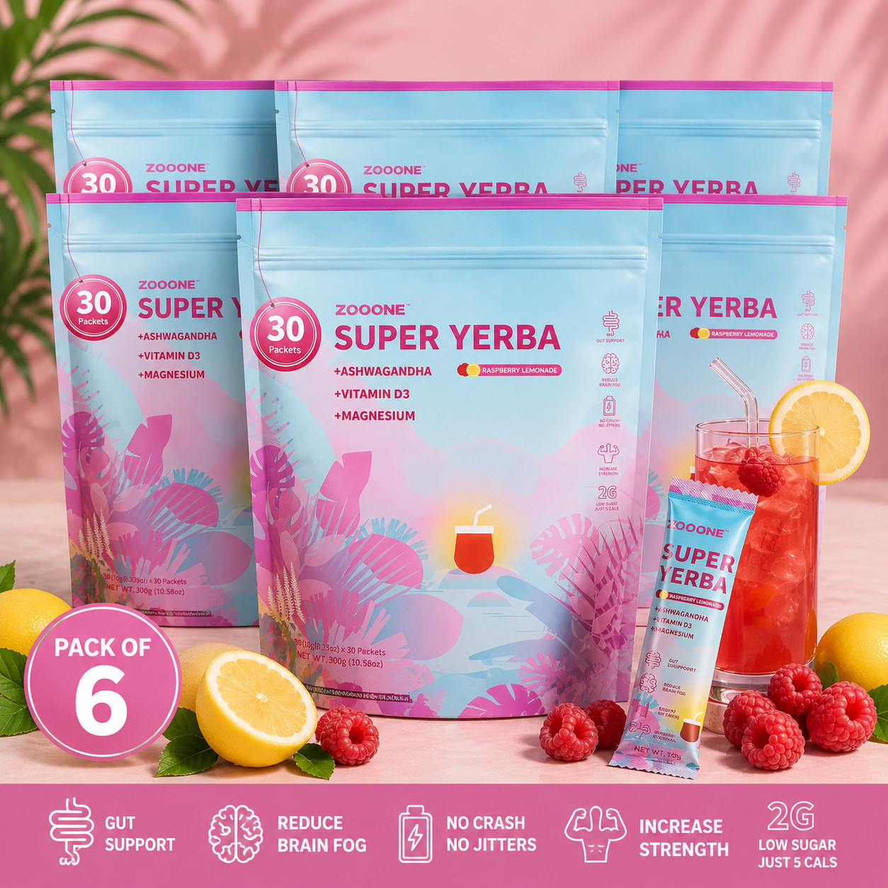 Zooone Super Yerba Pack of 6 Raspberry Lemonade Ashwagandha D3 Magnesium