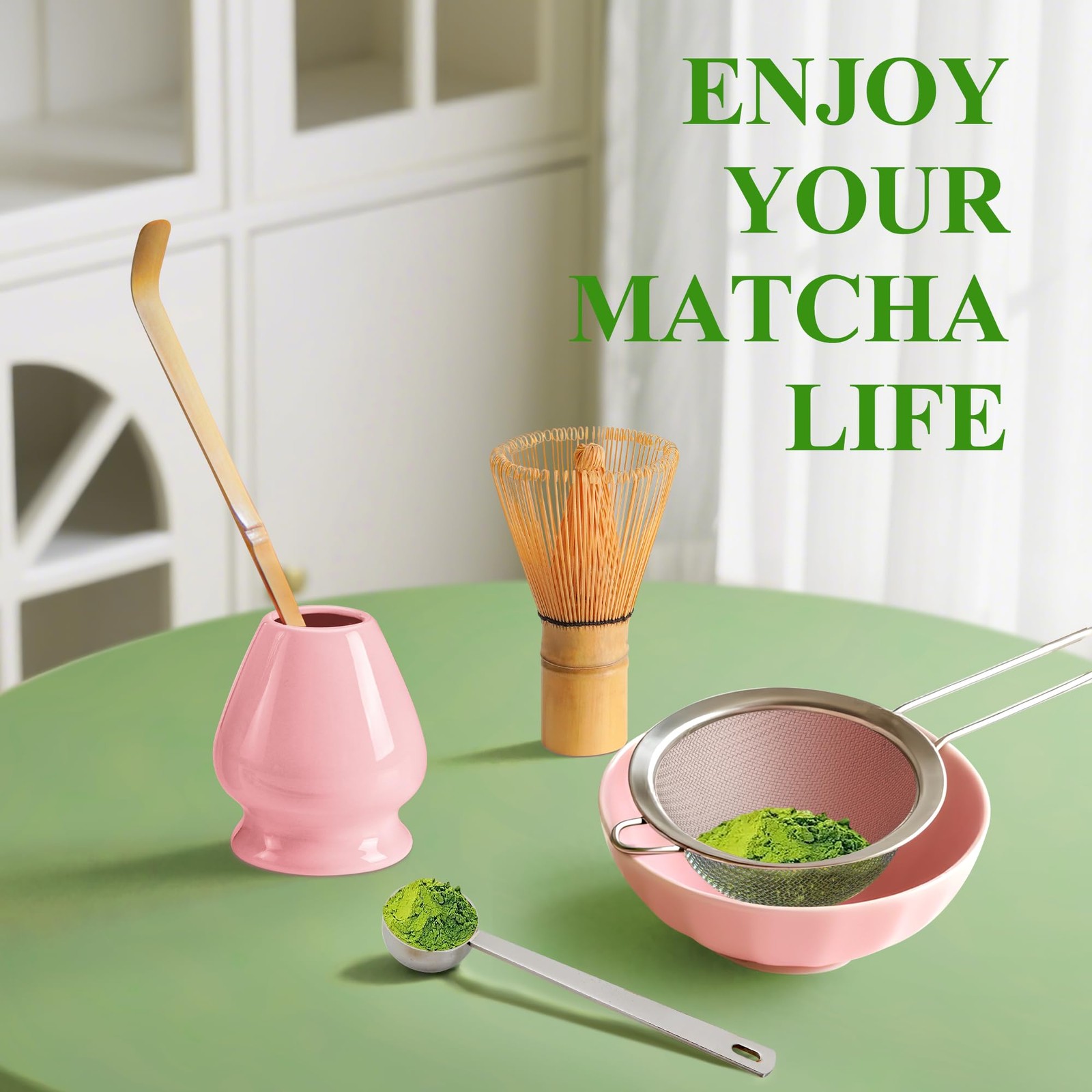 Matcha Whisk Set Bamboo Chasen Ceramic Holder – Fine Mesh Sifter Scoop Kit