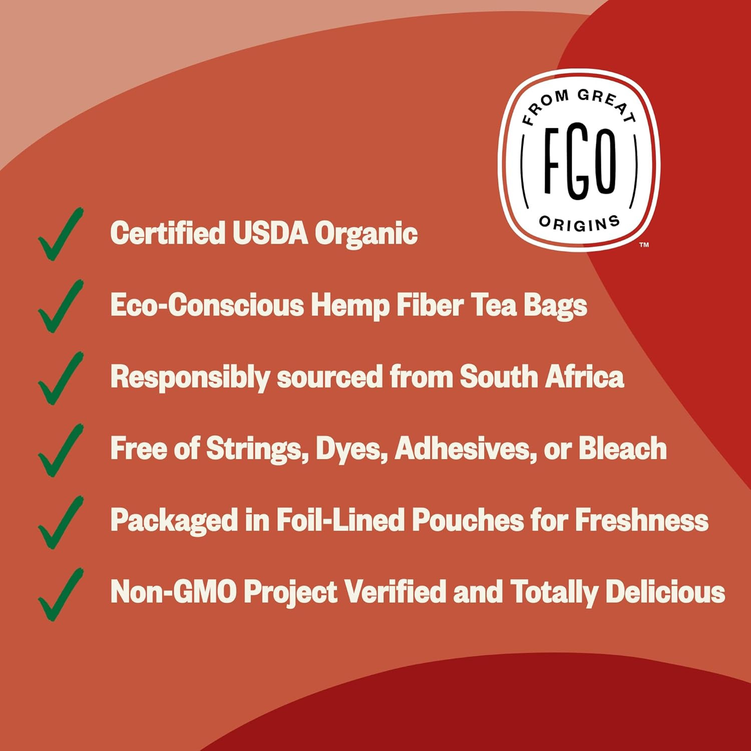 FGO Organic Rooibos Herbal Tea Bags, Caffeine Free, Eco Tea Bags, 100 ct