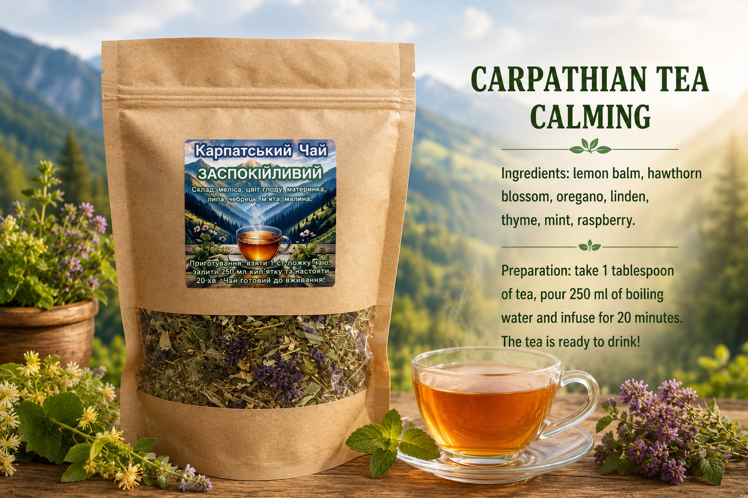 Carpathian Calming Herbal Tea 120g Lemon Balm Mint Relaxing Blend