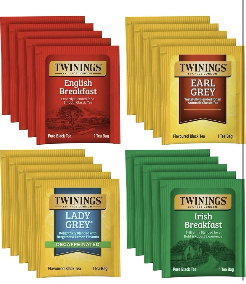 TWININGS Black Tea Variety Pack Earl Grey Irish Breakfast Lady Grey 20 Tea Bags